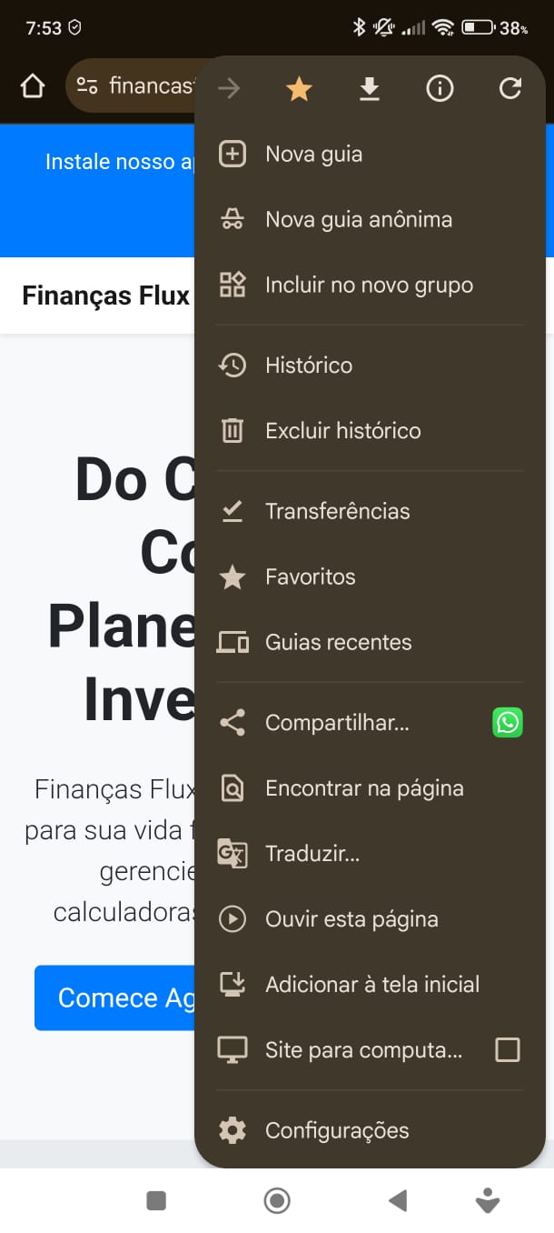 Menu do navegador Chrome