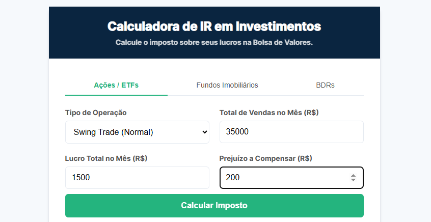 Resultado da Calculadora de IR mostrando o valor da DARF a pagar.