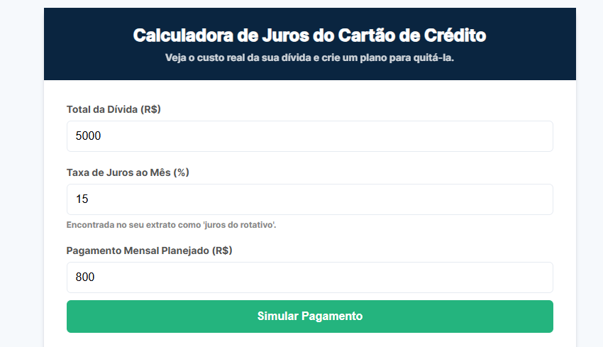 Comparativo do plano de pagamento de dívida do cartão vs o pagamento mínimo.