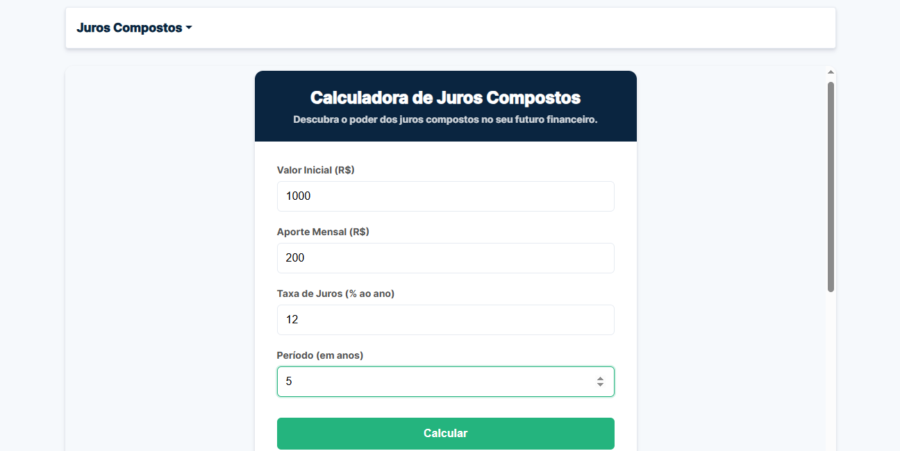 Resultado da Calculadora de Juros Compostos mostrando o valor final bruto.