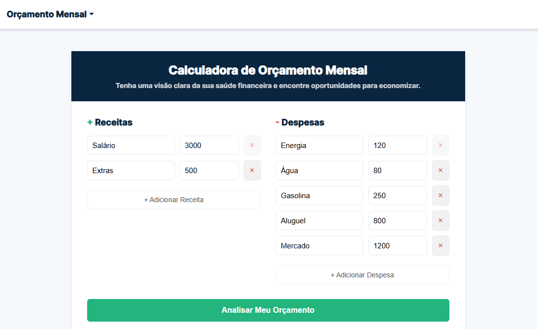 Resultado da Calculadora de Orçamento Mensal mostrando o saldo final e a análise das despesas.
