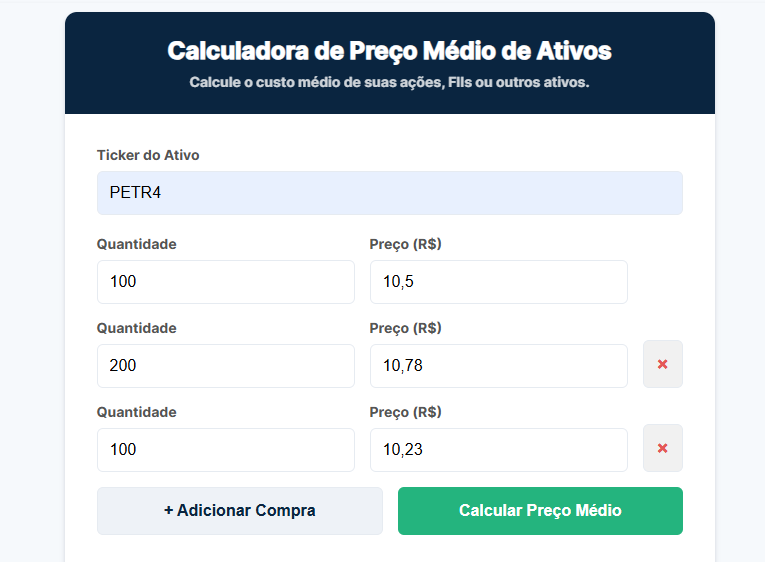 Resultado da calculadora de Preço Médio mostrando o valor final calculado.