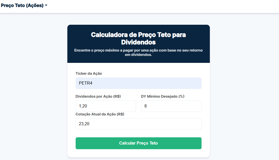 Resultado da Calculadora de Preço Teto mostrando o veredito e a margem de segurança.