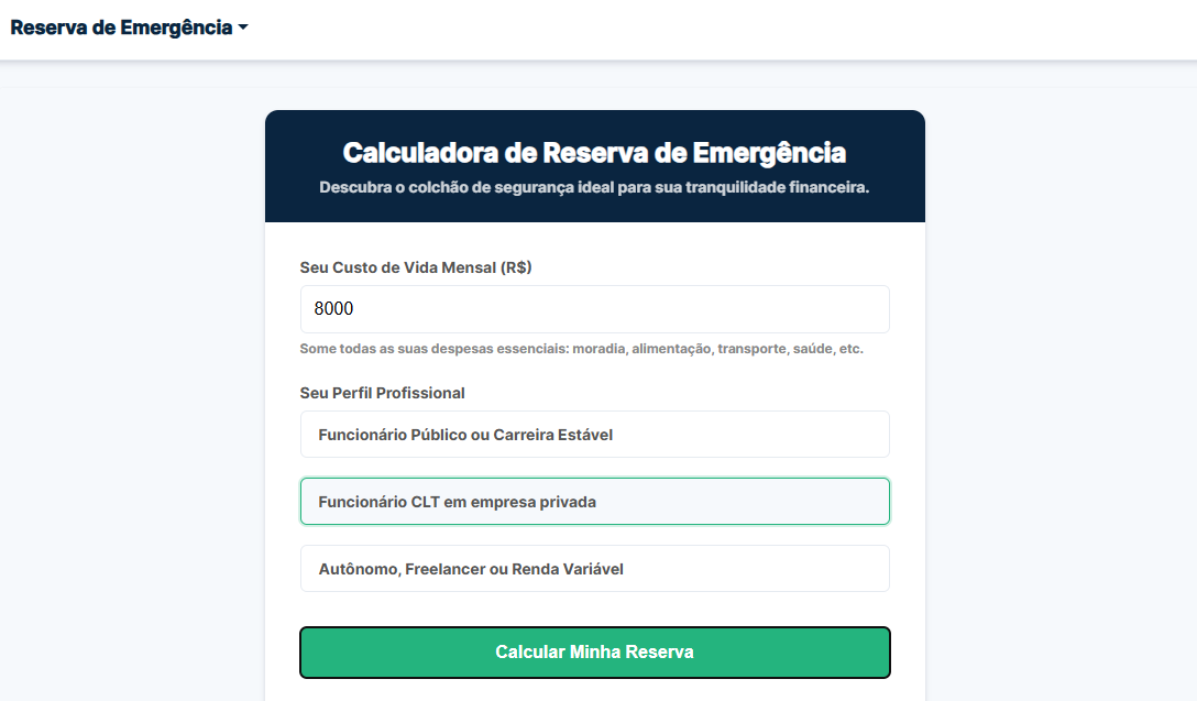 Resultado da Calculadora de Reserva de Emergência mostrando o valor ideal.