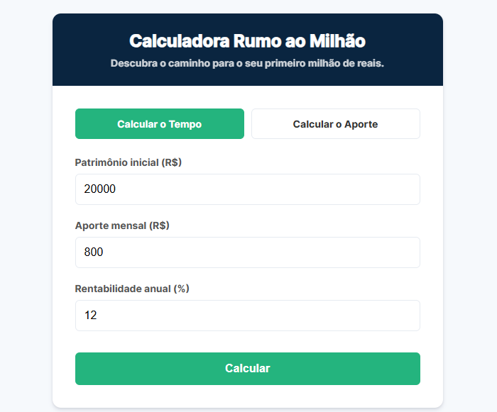 Resultado da calculadora Rumo ao Milhão mostrando o tempo necessário para atingir o objetivo.