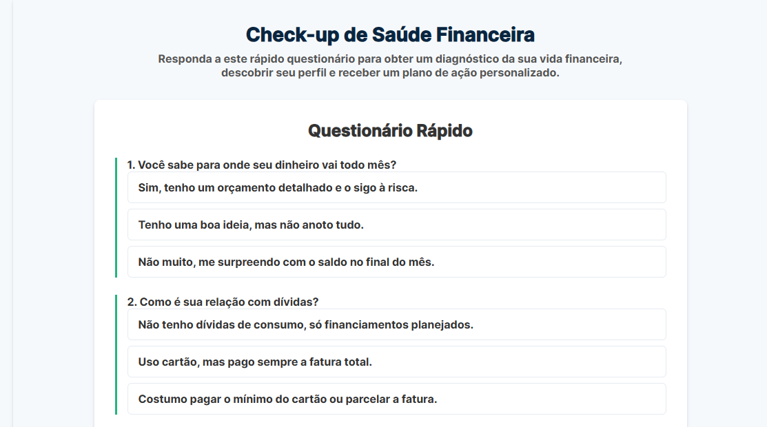 Resultado do Check-up de Saúde Financeira, mostrando o perfil e o gráfico de radar.