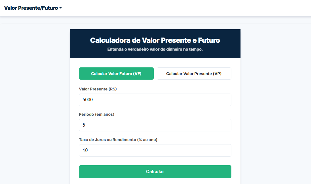 Resultado da Calculadora de Valor Presente e Futuro.