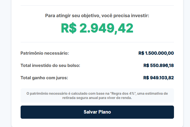 Formulário da calculadora para inserir idade atual, patrimônio e objetivos.