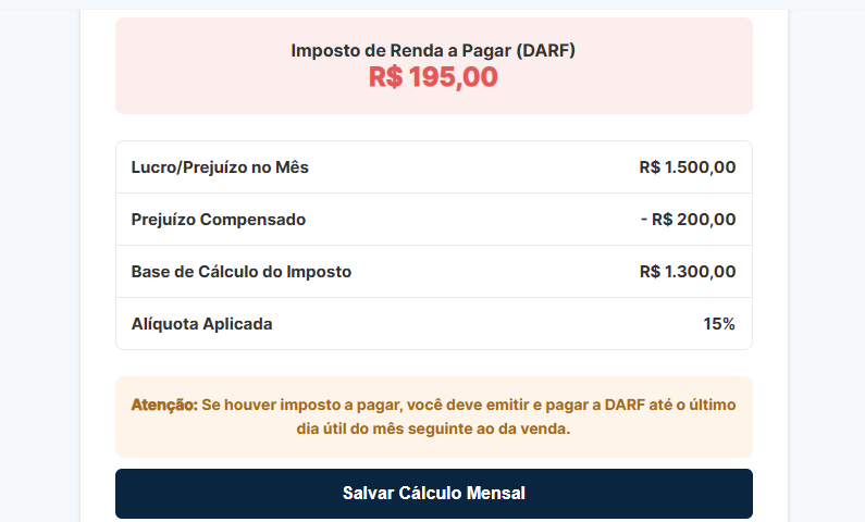 Formulário da Calculadora de Imposto de Renda na Bolsa.
