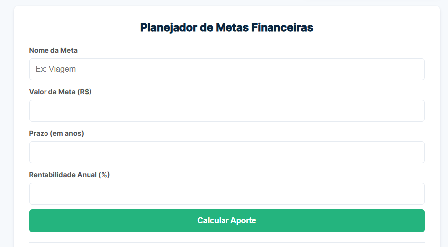 Interface do painel de planejamento mostrando uma das calculadoras em ação.