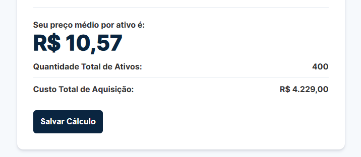 Formulário da calculadora de Preço Médio, mostrando campos para adicionar compras.