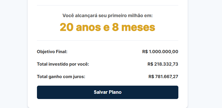 Formulário da calculadora Rumo ao Milhão.